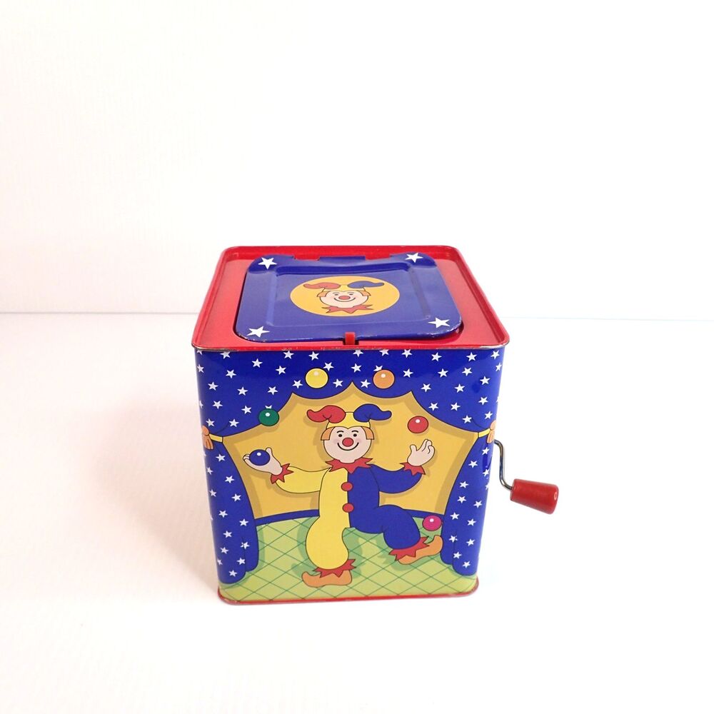 Schylling Clown Jack-in-the-Box Toy Colorful 5 1/4" sq. Tin Circus Design 1997